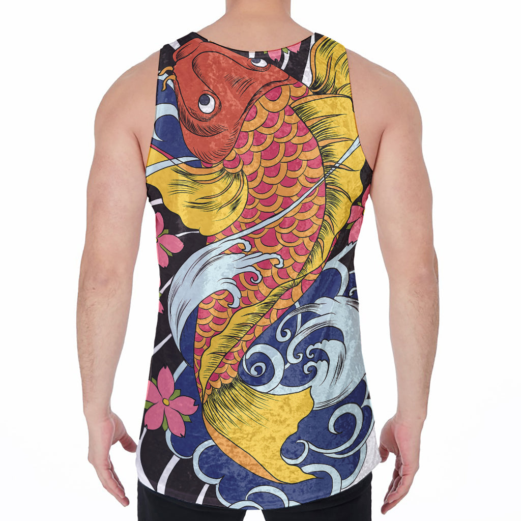 Japanese Koi And Flower Tattoo Print Men's Velvet Tank Top