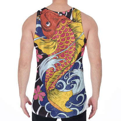 Japanese Koi And Flower Tattoo Print Men's Velvet Tank Top