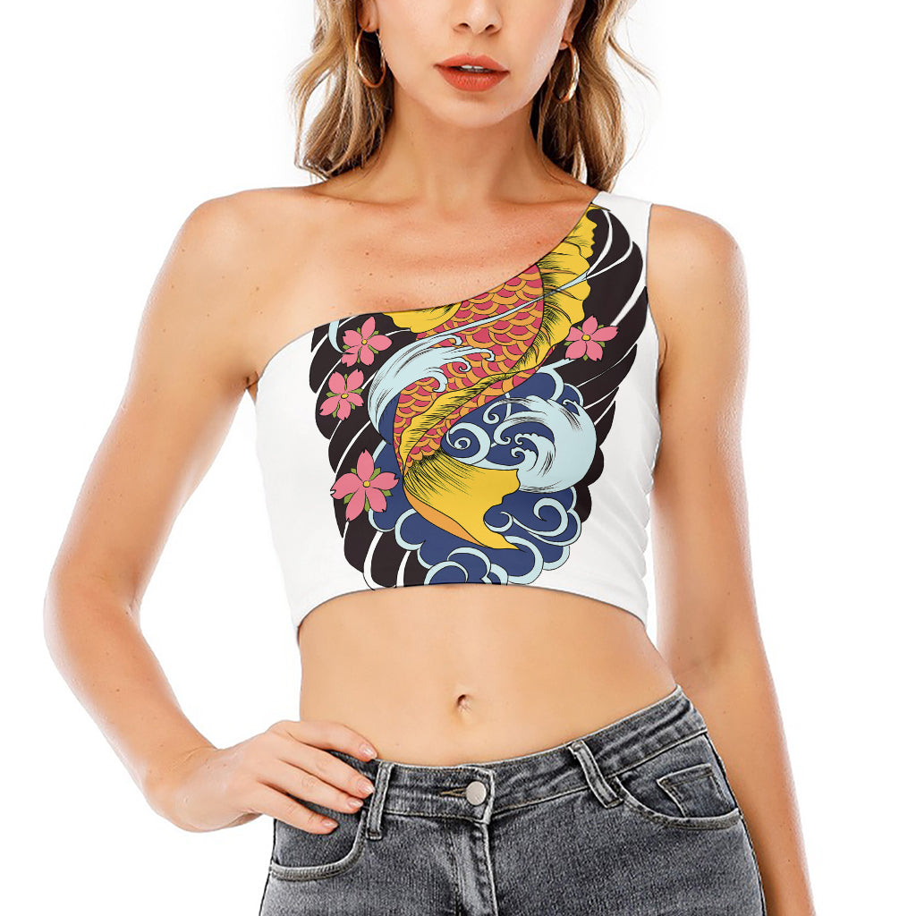 Japanese Koi And Flower Tattoo Print One Shoulder Crop Top
