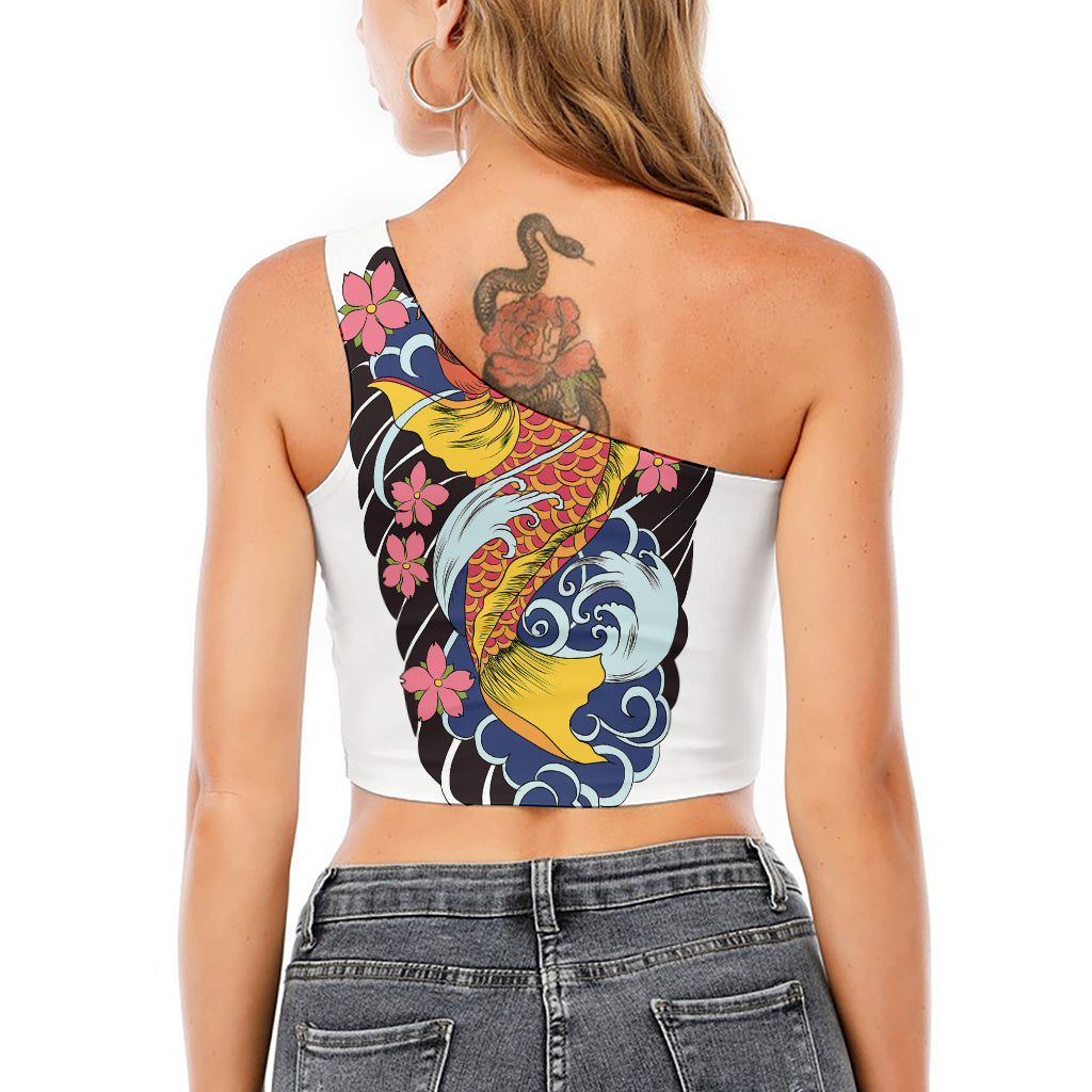 Japanese Koi And Flower Tattoo Print One Shoulder Crop Top