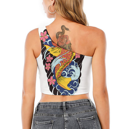 Japanese Koi And Flower Tattoo Print One Shoulder Crop Top
