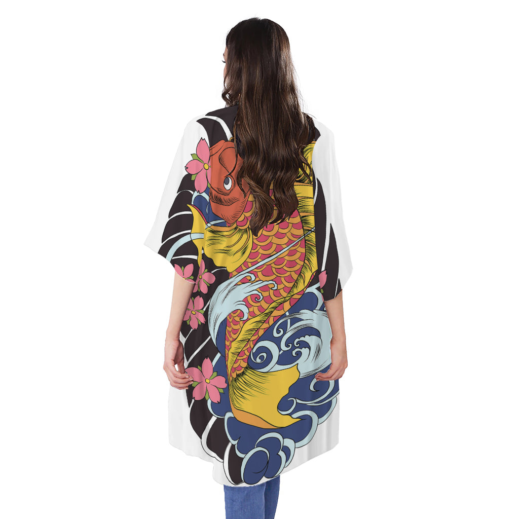 Japanese Koi And Flower Tattoo Print Open Front Beach Cover Up