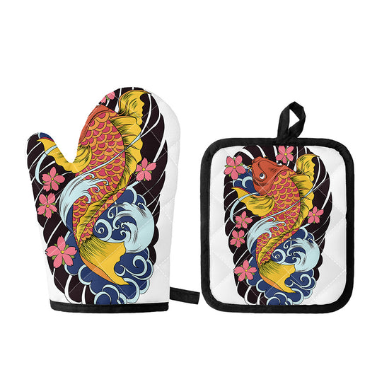 Japanese Koi And Flower Tattoo Print Oven Mitt And Pot Holder Set