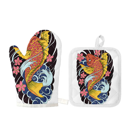 Japanese Koi And Flower Tattoo Print Oven Mitt And Pot Holder Set
