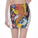 Japanese Koi And Flower Tattoo Print Pencil Mini Skirt