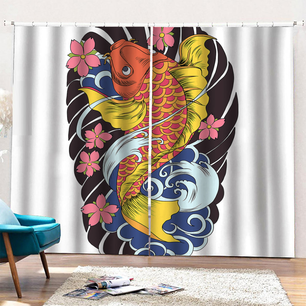 Japanese Koi And Flower Tattoo Print Pencil Pleat Curtains