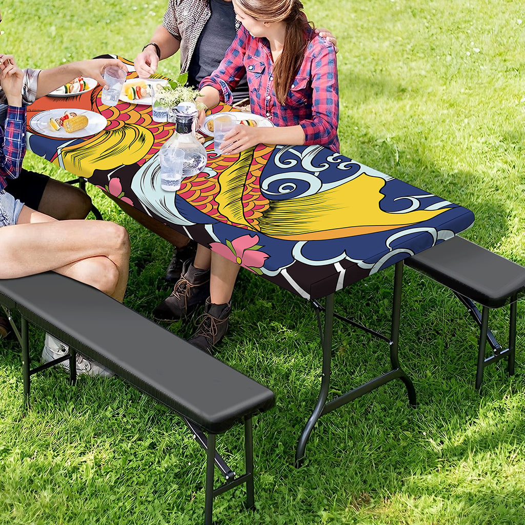 Japanese Koi And Flower Tattoo Print Picnic Table Cover