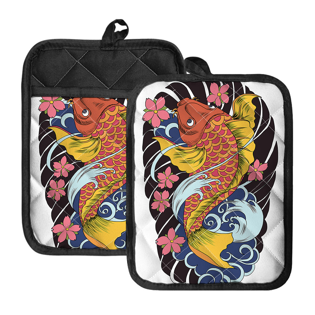Japanese Koi And Flower Tattoo Print Pot Holders With Pocket