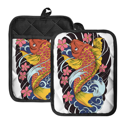 Japanese Koi And Flower Tattoo Print Pot Holders With Pocket