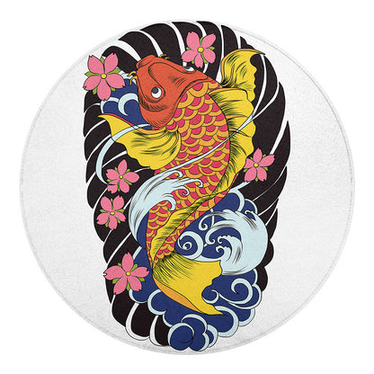 Japanese Koi And Flower Tattoo Print Round Blanket