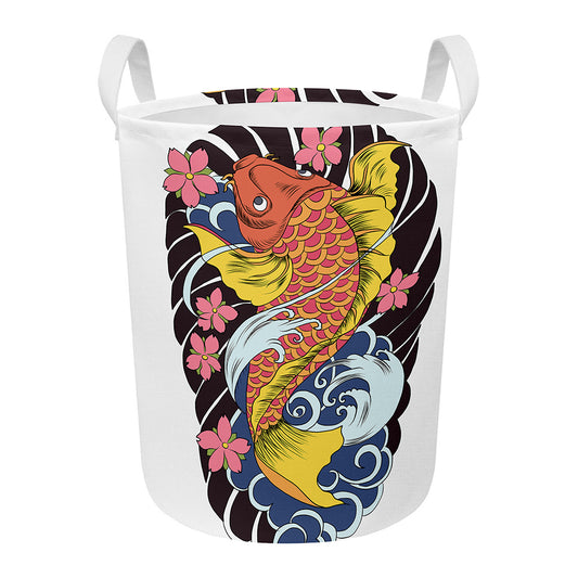 Japanese Koi And Flower Tattoo Print Round Laundry Basket