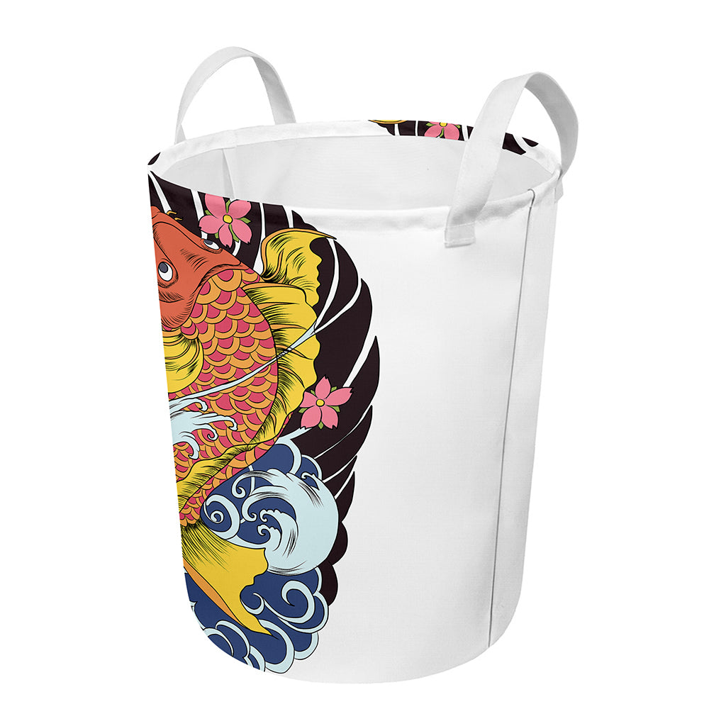 Japanese Koi And Flower Tattoo Print Round Laundry Basket