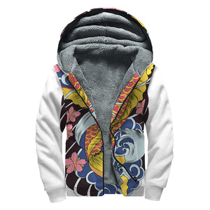 Japanese Koi And Flower Tattoo Print Sherpa Lined Zip Up Hoodie