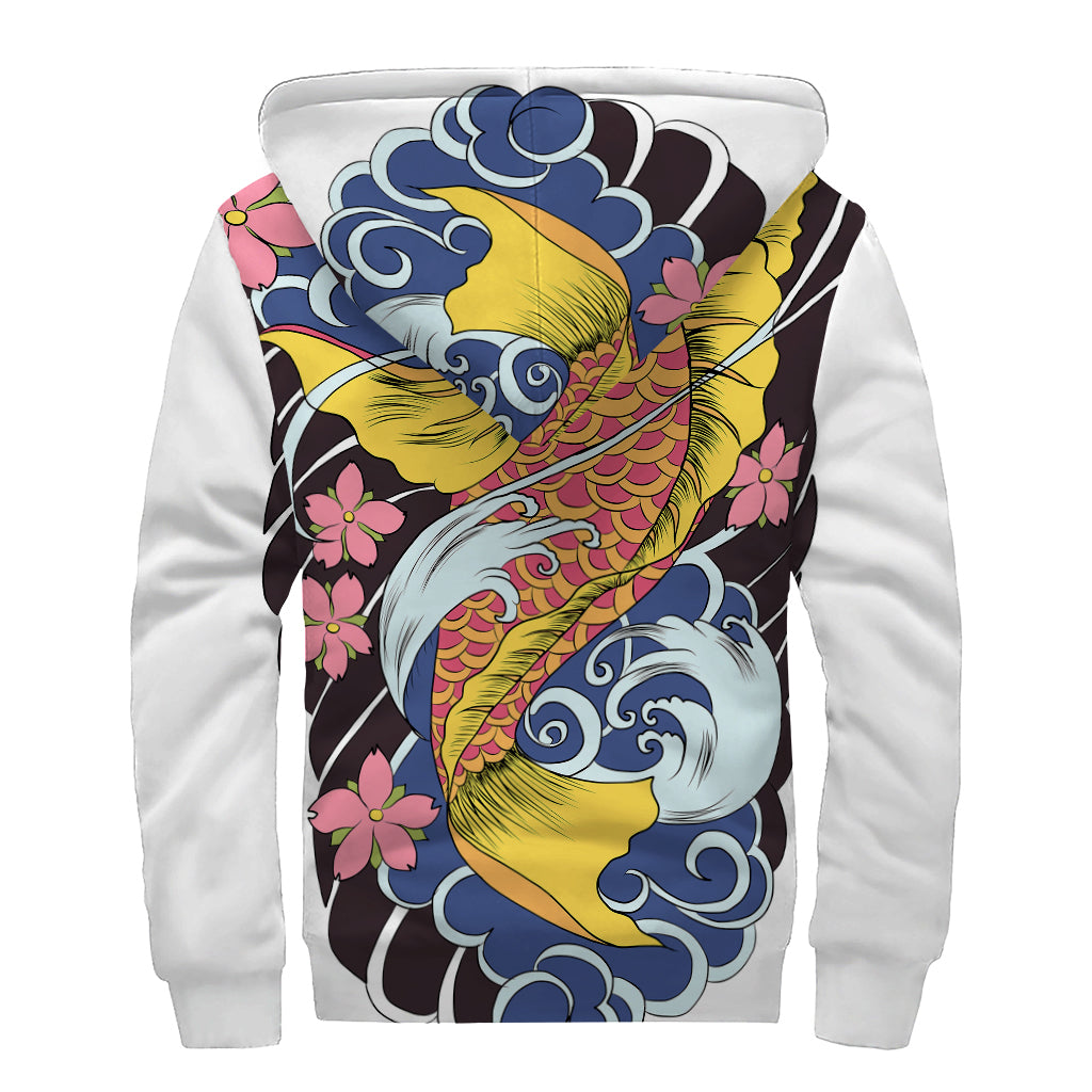 Japanese Koi And Flower Tattoo Print Sherpa Lined Zip Up Hoodie