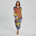 Japanese Koi And Flower Tattoo Print Short Sleeve Maxi Dress