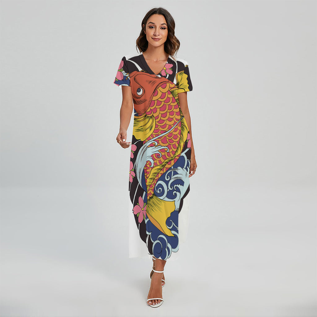 Japanese Koi And Flower Tattoo Print Short Sleeve Maxi Dress