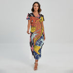 Japanese Koi And Flower Tattoo Print Short Sleeve Maxi Dress