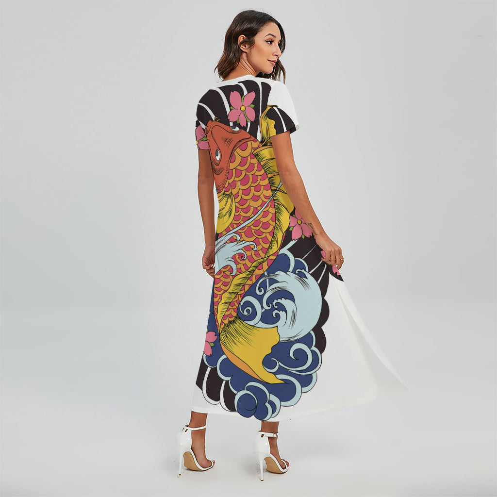 Japanese Koi And Flower Tattoo Print Short Sleeve Maxi Dress