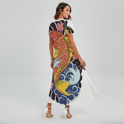 Japanese Koi And Flower Tattoo Print Short Sleeve Maxi Dress
