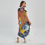 Japanese Koi And Flower Tattoo Print Short Sleeve Maxi Dress