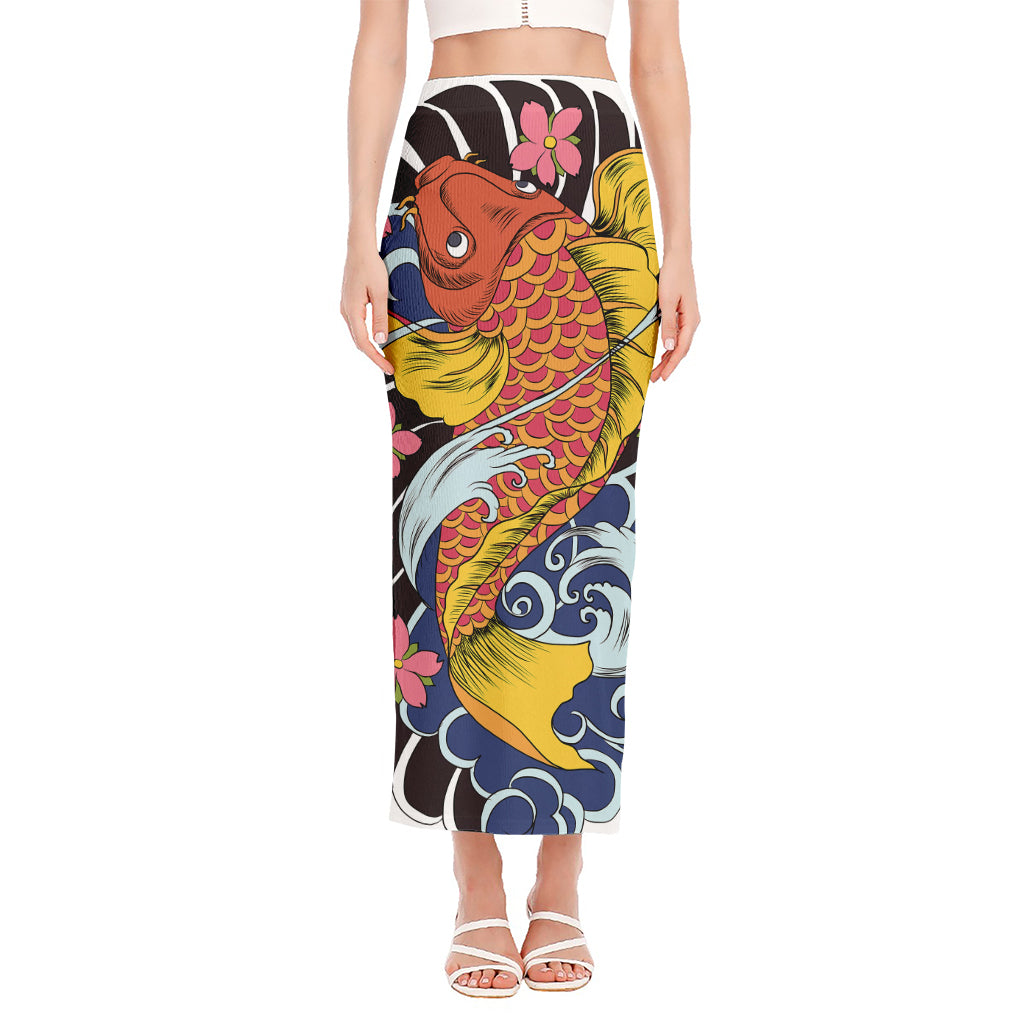 Japanese Koi And Flower Tattoo Print Side Slit Maxi Skirt