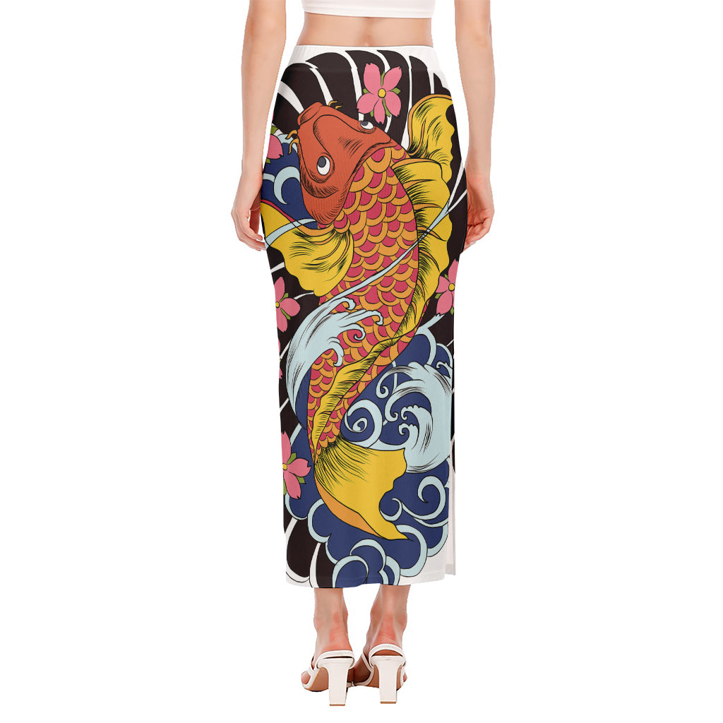 Japanese Koi And Flower Tattoo Print Side Slit Maxi Skirt