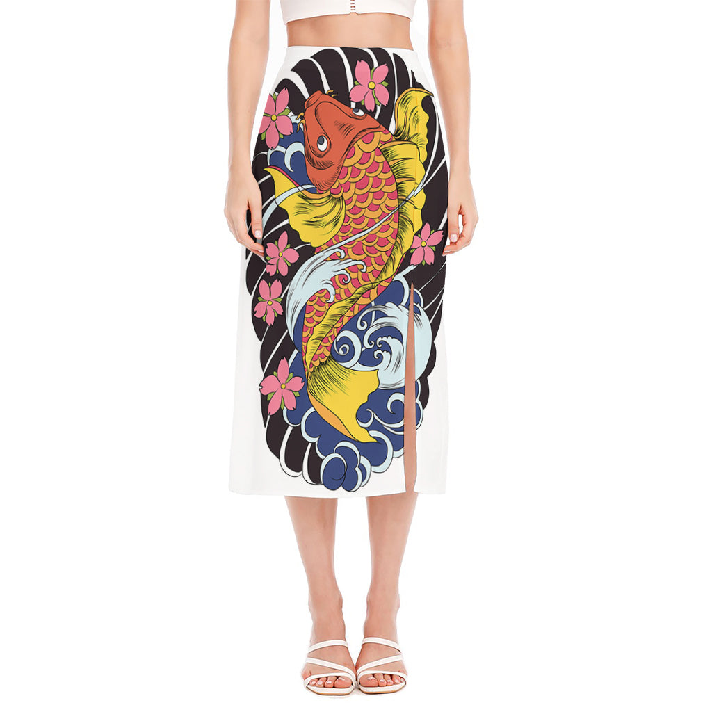 Japanese Koi And Flower Tattoo Print Side Slit Midi Skirt