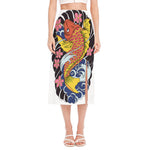 Japanese Koi And Flower Tattoo Print Side Slit Midi Skirt