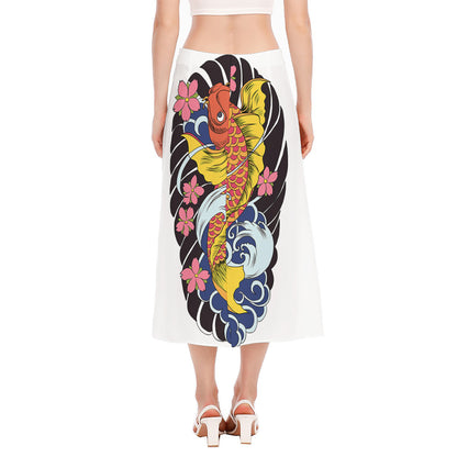 Japanese Koi And Flower Tattoo Print Side Slit Midi Skirt