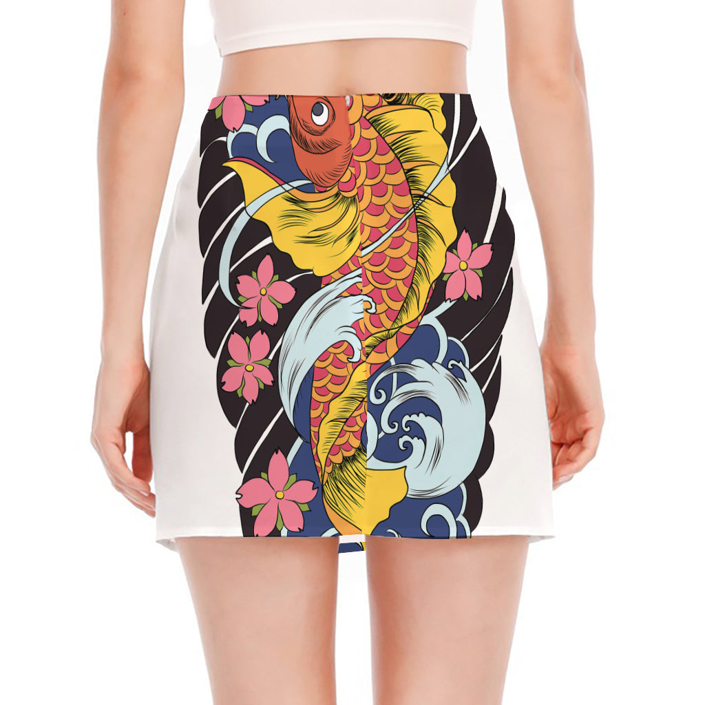 Japanese Koi And Flower Tattoo Print Side Slit Mini Skirt
