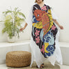 Japanese Koi And Flower Tattoo Print Silk V-Neck Kaftan Dress