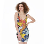 Japanese Koi And Flower Tattoo Print Sleeveless Bodycon Dress