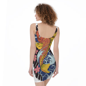 Japanese Koi And Flower Tattoo Print Sleeveless Bodycon Dress