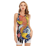 Japanese Koi And Flower Tattoo Print Sleeveless One Piece Swimsuit