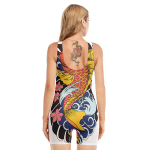 Japanese Koi And Flower Tattoo Print Sleeveless One Piece Swimsuit