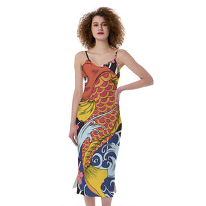 Japanese Koi And Flower Tattoo Print Slim Fit Midi Cami Dress