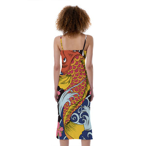 Japanese Koi And Flower Tattoo Print Slim Fit Midi Cami Dress