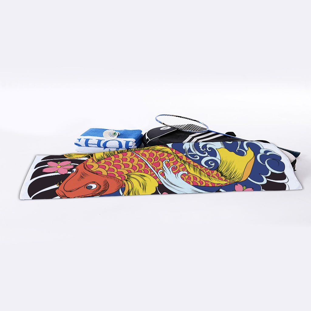 Japanese Koi And Flower Tattoo Print Sports Towel