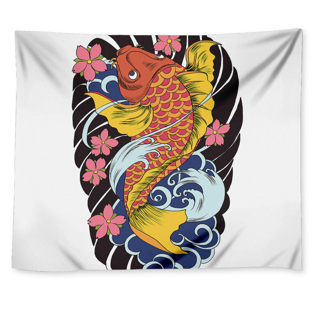 Japanese Koi And Flower Tattoo Print Tapestry