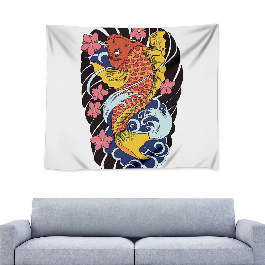 Japanese Koi And Flower Tattoo Print Tapestry