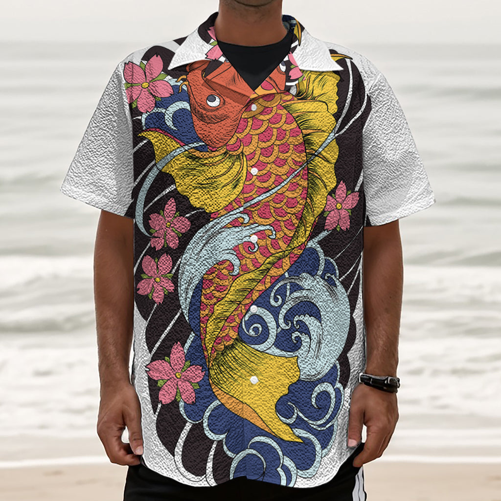 Japanese Koi And Flower Tattoo Print Textured Short Sleeve Shirt