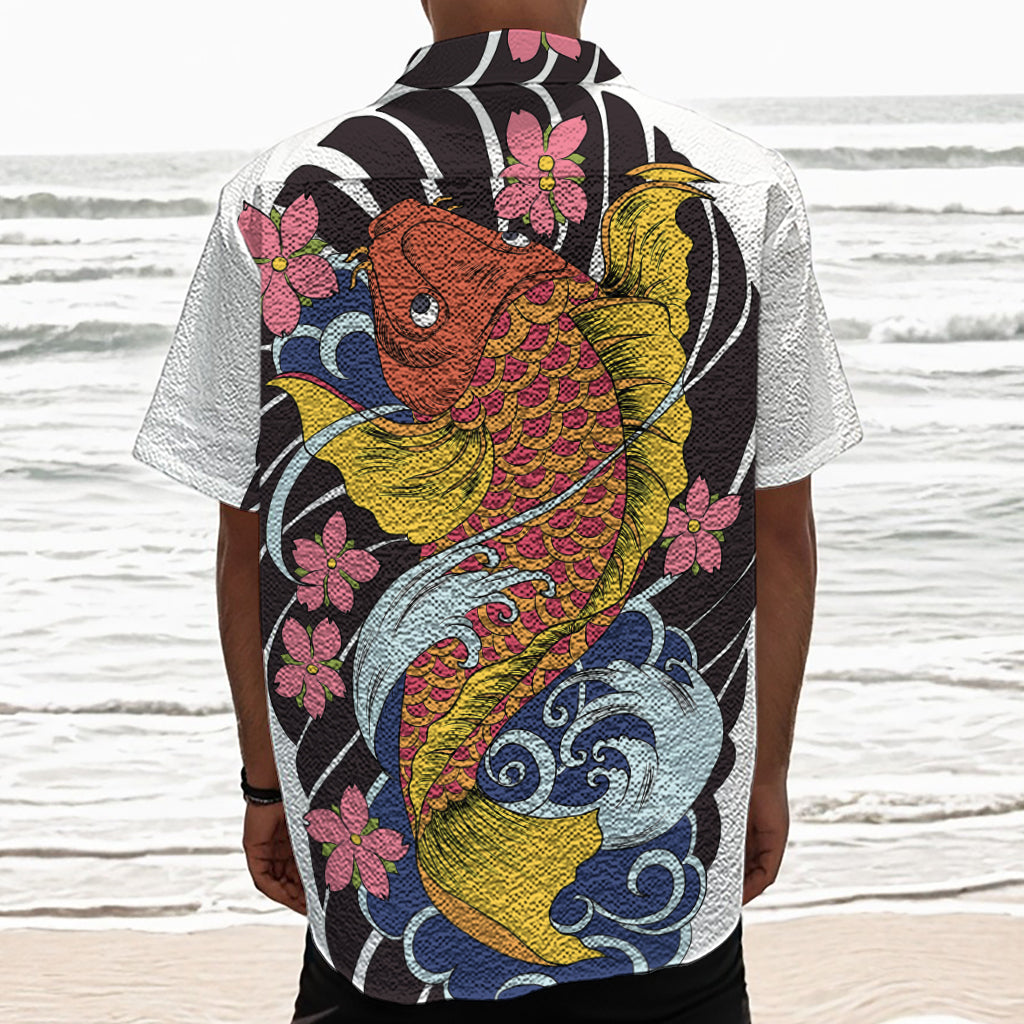 Japanese Koi And Flower Tattoo Print Textured Short Sleeve Shirt