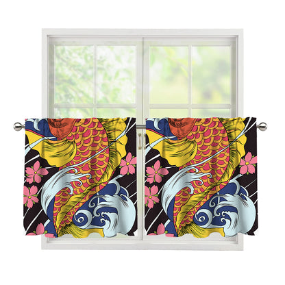 Japanese Koi And Flower Tattoo Print Tier Curtains