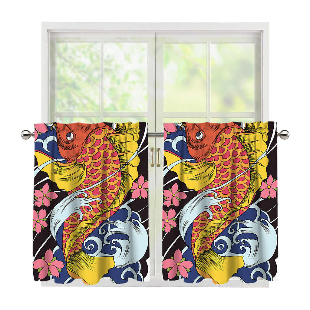 Japanese Koi And Flower Tattoo Print Tier Curtains