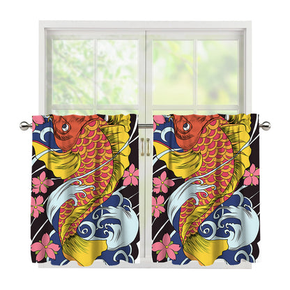 Japanese Koi And Flower Tattoo Print Tier Curtains