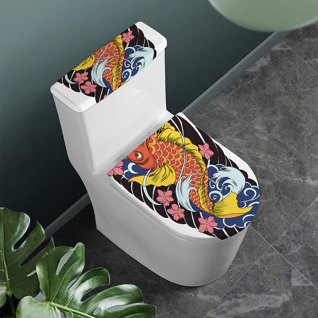 Japanese Koi And Flower Tattoo Print Toilet Lid And Tank Cover Set
