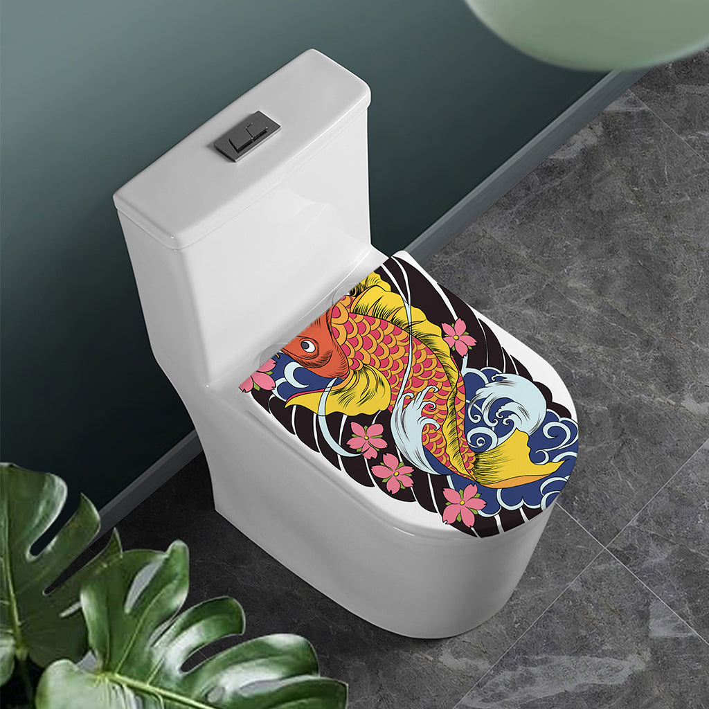 Japanese Koi And Flower Tattoo Print Toilet Lid Cover
