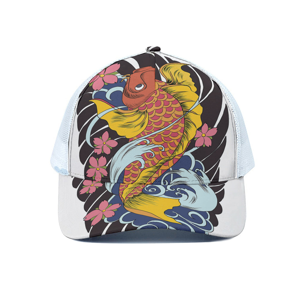 Japanese Koi And Flower Tattoo Print White Mesh Trucker Cap