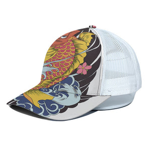 Japanese Koi And Flower Tattoo Print White Mesh Trucker Cap