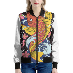 Japanese Koi And Flower Tattoo Print Women's Bomber Jacket